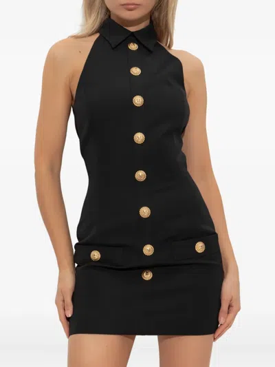 Balmain Black Dress With Pointed Collar And Logo Buttons On The Front In Black