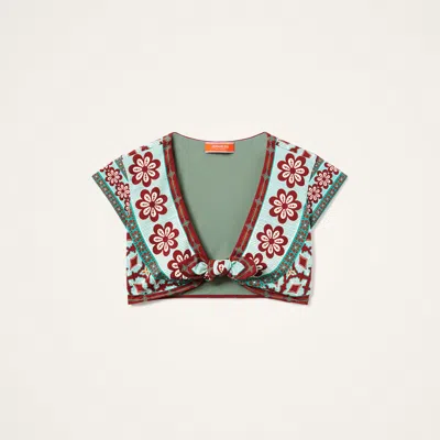 La Doublej Bardot Floral-print Tie-front Top