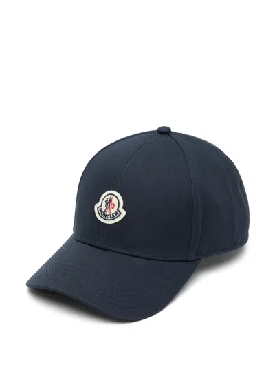 Moncler Structured Black Gabardine Baseball Cap With Logo Patch In Blue