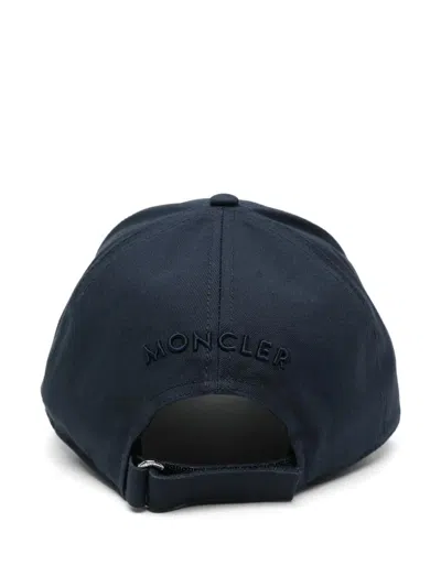 Moncler Structured Black Gabardine Baseball Cap With Logo Patch In Blue