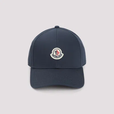 Moncler Structured Black Gabardine Baseball Cap With Logo Patch In Blue