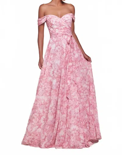 Cinderella Divine Bethany Off The Shoulder Floral Printed A-line Prom Dress In Rose