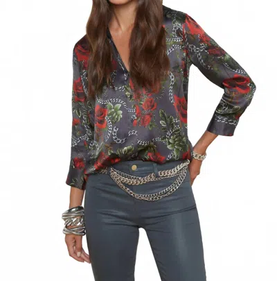 L Agence Dani 3/4 Silk Blouse In Dark Shadow/red Chain Roses