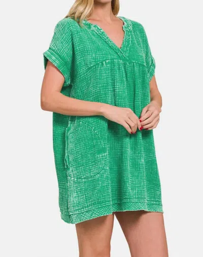Zenana Washed Notched Short Sleeve Mini Dress In K Green