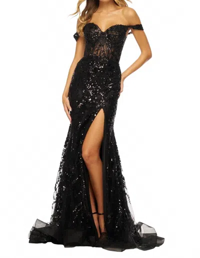 Sherri Hill Off The Shoulder Corset Prom Dress In Black In Black