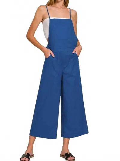 Zenana Woven Spaghetti Strap Overalls In Light Navy