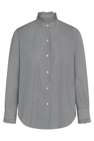 Nili Lotan Cotton Shirt With Ruffled Collar And Stripes In Gray
