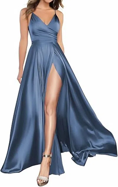 Cinderella Divine Kacie Soft Satin A-line Sweetheart Neckline With Silt Gown Dress In Smoky Blue