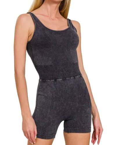 Zenana Washed Sports Romper With Removable Bra Pad In Black
