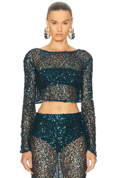 Lapointe Net Paillette Cropped Boatneck Top In Green