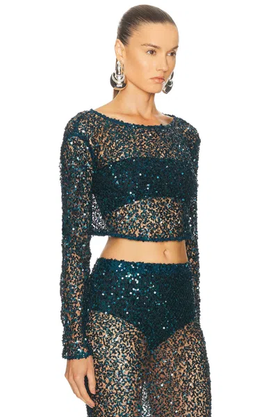 Lapointe Net Paillette Cropped Boatneck Top In Green