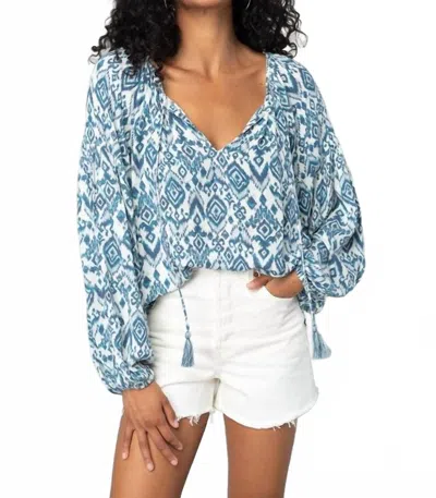 Lovestitch Geo Print Bishop Long Sleeve Split Neck Blouse In Ivory/ Denim