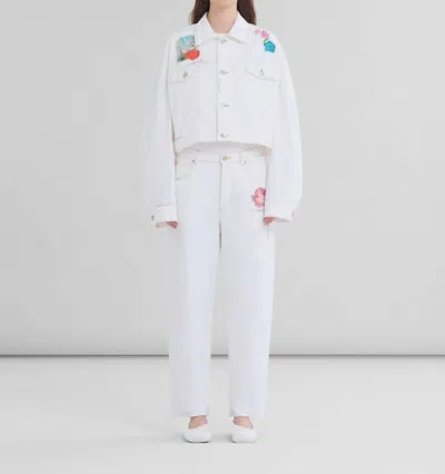 Marni "cropped Denim Jacket With Flower Patches And Embroidery" In White