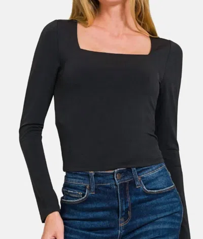 Zenana Square Neck Fitted Long Sleeve T-shirt In Black