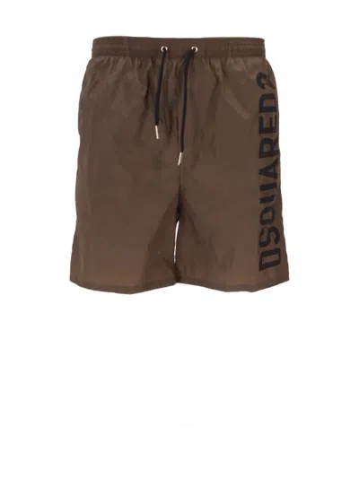 Dsquared2 Waistband Swim Trunks Knee-length In Brown