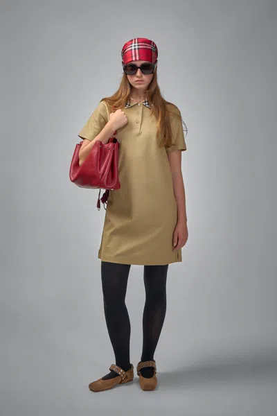 Burberry Cotton Polo-style Dress With Check Collar In Brown