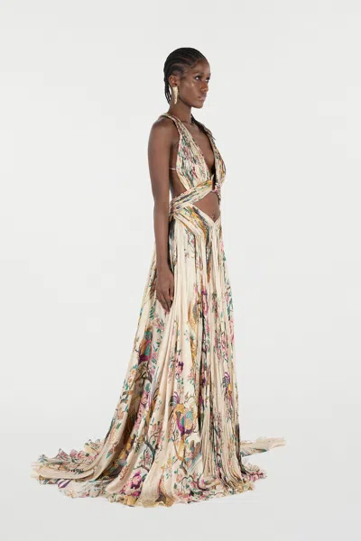 Roberto Cavalli Extra-long Silk Dress With Flower And Pheasant Print