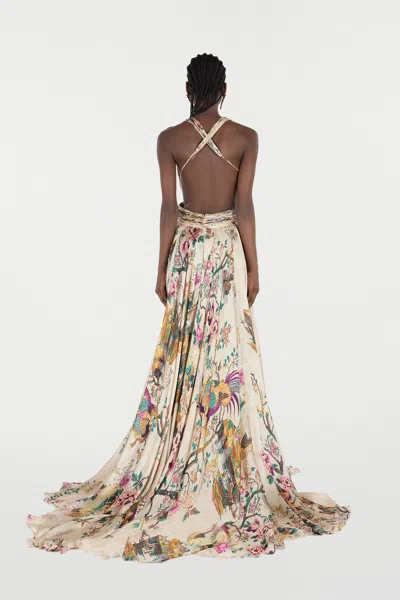 Roberto Cavalli Extra-long Silk Dress With Flower And Pheasant Print