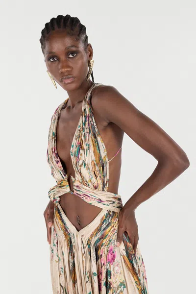Roberto Cavalli Extra-long Silk Dress With Flower And Pheasant Print