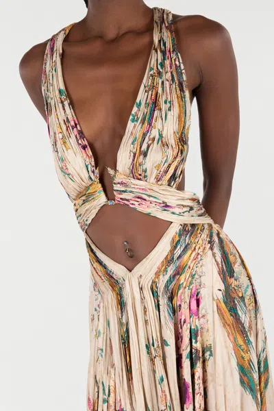 Roberto Cavalli Extra-long Silk Dress With Flower And Pheasant Print