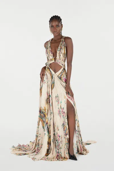 Roberto Cavalli Extra-long Silk Dress With Flower And Pheasant Print