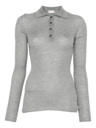 Moncler Ribbed Wool Polo Top In Gray