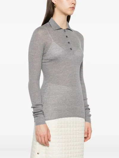 Moncler Ribbed Wool Polo Top In Gray