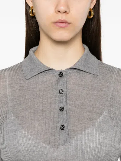 Moncler Ribbed Wool Polo Top In Gray