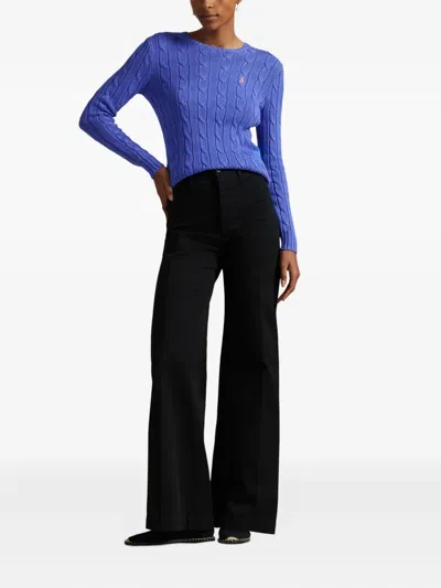 Polo Ralph Lauren Lapis Blue Cashmere Blend Cable-knit Pullover With Iconic Embroidery In Blue