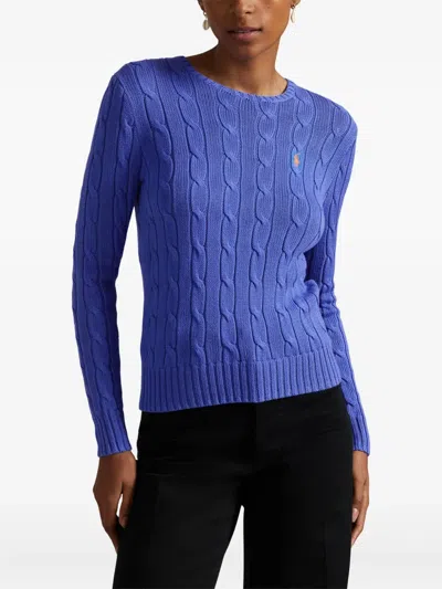 Polo Ralph Lauren Lapis Blue Cashmere Blend Cable-knit Pullover With Iconic Embroidery In Blue