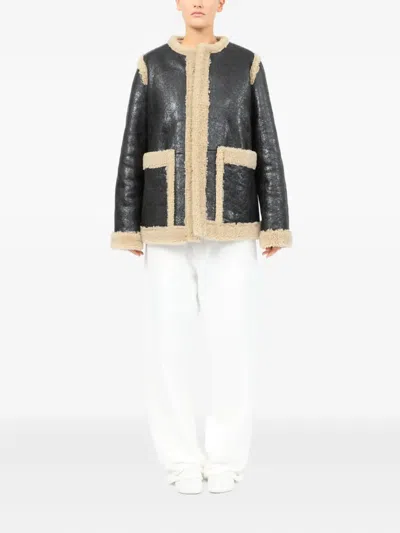 Mm6 Maison Margiela Mm6 By Maison Margiela Textured Black Shearling Jacket With Plush Trim In Black
