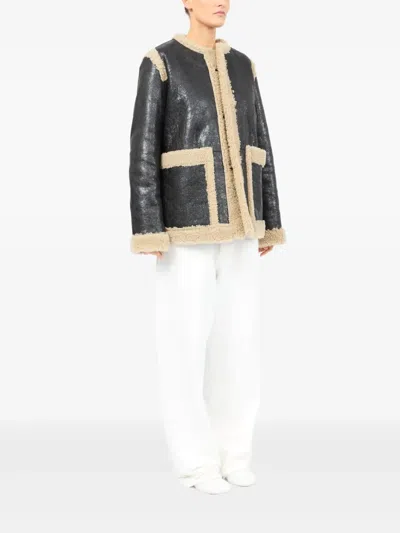 Mm6 Maison Margiela Mm6 By Maison Margiela Textured Black Shearling Jacket With Plush Trim In Black