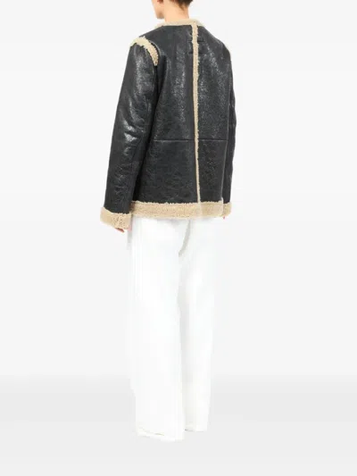Mm6 Maison Margiela Mm6 By Maison Margiela Textured Black Shearling Jacket With Plush Trim In Black