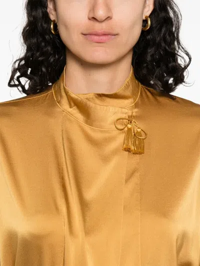 Forte Forte High Neck Satin Blouse With Tassel Detail In Gold
