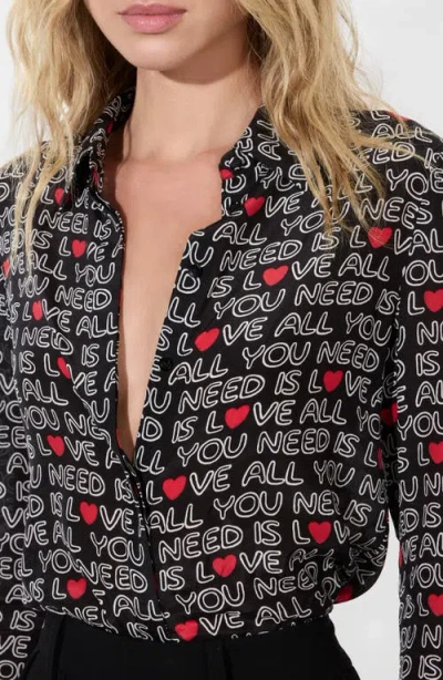 Alice And Olivia X The Beatles All You Need Is Love Willa Silk Placket Top