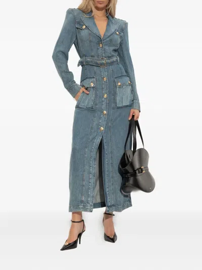 Balmain Belted Denim Maxi Dress