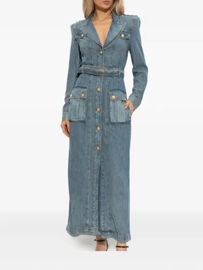 Balmain Belted Denim Maxi Dress