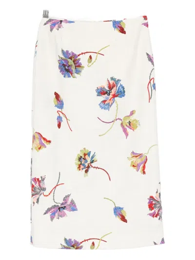 La Doublej Floral-print Straight Skirt In White