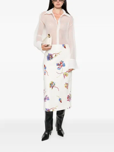La Doublej Floral-print Straight Skirt In White
