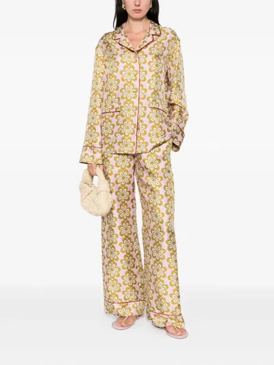 La Doublej Floral-print Silk Trousers In Brown