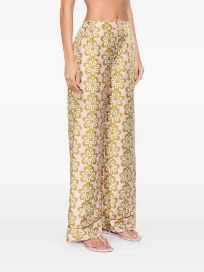 La Doublej Floral-print Silk Trousers In Brown