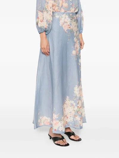 Zimmermann Womens Cascadian Bias Floral Linen Midi Skirt Teal Blue Botanical In Blue