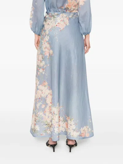 Zimmermann Womens Cascadian Bias Floral Linen Midi Skirt Teal Blue Botanical In Blue