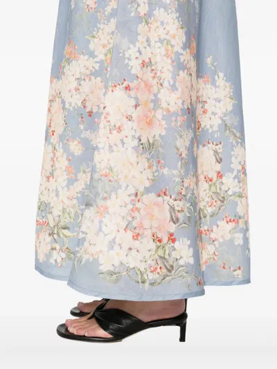 Zimmermann Womens Cascadian Bias Floral Linen Midi Skirt Teal Blue Botanical In Blue