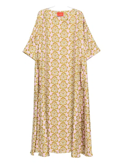 La Doublej La Double J Muumuu Printed Silk-twill Maxi Dress In Brown