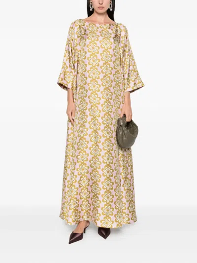 La Doublej La Double J Muumuu Printed Silk-twill Maxi Dress In Brown