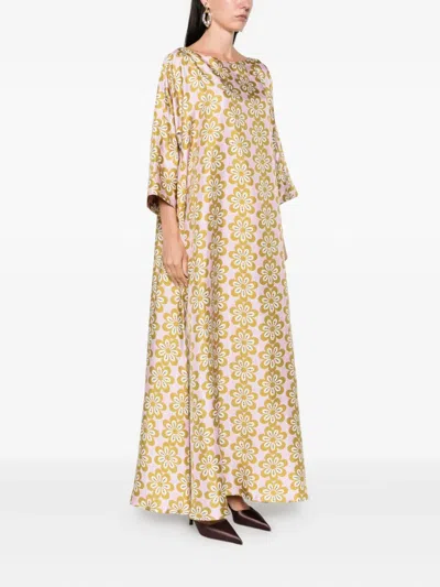 La Doublej La Double J Muumuu Printed Silk-twill Maxi Dress In Brown