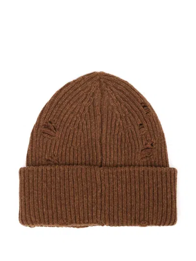 Mm6 Maison Margiela Wool Blend Beanie Hat With Distressed Effect In Brown