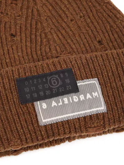 Mm6 Maison Margiela Wool Blend Beanie Hat With Distressed Effect In Brown
