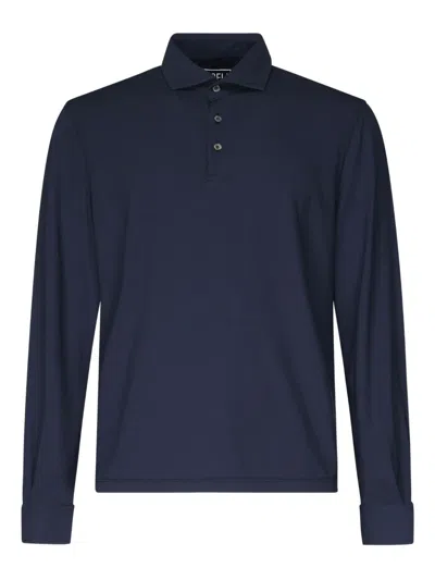 Fedeli Long Sleeve Polo In Organic Cotton In Blue
